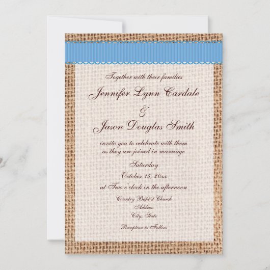 Rustic Country Printed Burlap Blue Ribbon Wedding Kaart (Voorkant)