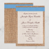 Rustic Country Printed Burlap Blue Ribbon Wedding Kaart (Voorkant / Achterkant)