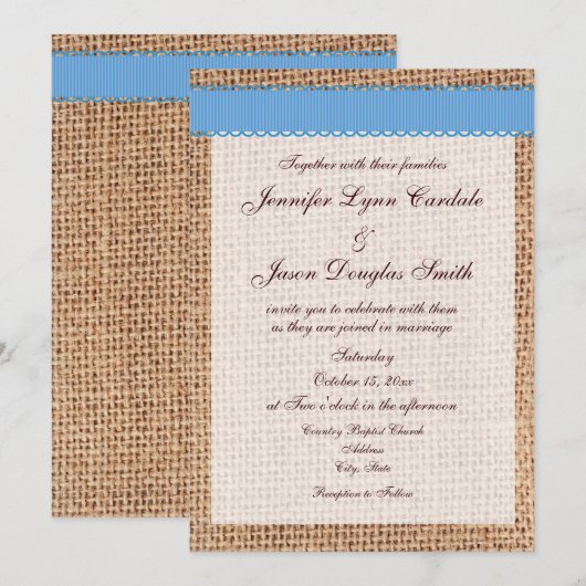 Rustic Country Printed Burlap Blue Ribbon Wedding Kaart (Voorkant / Achterkant)