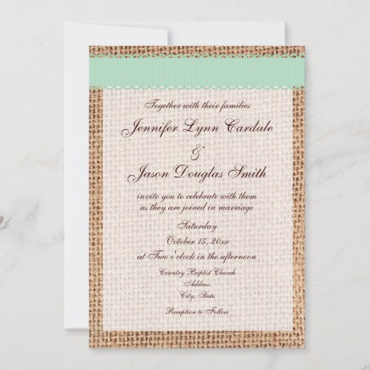 Rustic Country Printed Burlap Sage Ribbon Wedding Kaart (Voorkant)