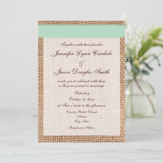 Rustic Country Printed Burlap Sage Ribbon Wedding Kaart (Staand voorkant)