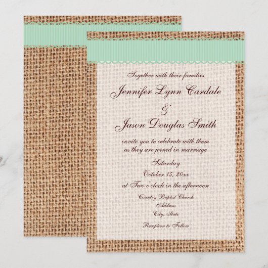 Rustic Country Printed Burlap Sage Ribbon Wedding Kaart (Voorkant / Achterkant)