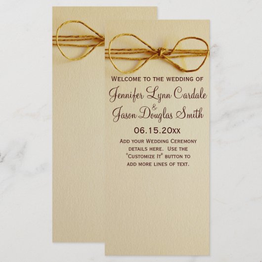 Rustic Country Printed Twine Bow Wedding Programme Programmakaart (Voorkant / Achterkant)