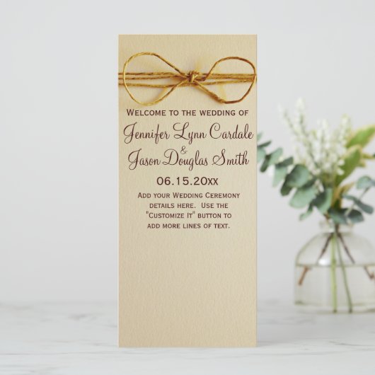Rustic Country Printed Twine Bow Wedding Programme Programmakaart (Staand voorkant)