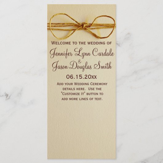 Rustic Country Printed Twine Bow Wedding Programme Programmakaart (Voorkant)