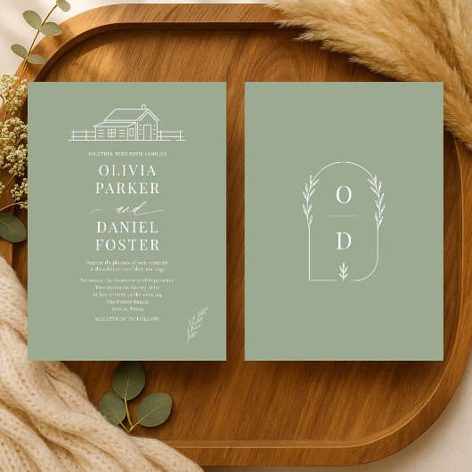 Rustic Country Ranch Line Art Sage Green Wedding Kaart