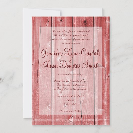 Rustic Country Red Barn Wood Wedding Invitations Kaart (Voorkant)
