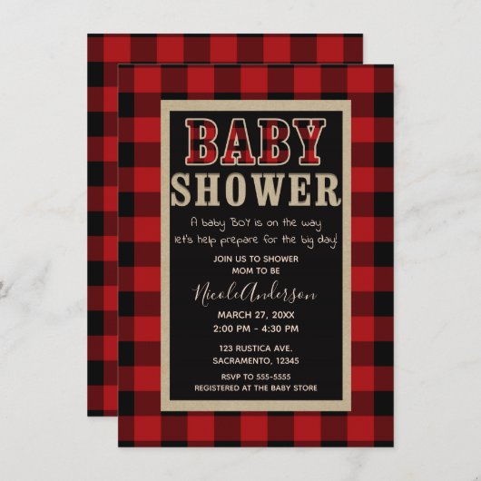 Rustic Country Red Black Buffalo Plaid Baby shower Kaart (Voorkant / Achterkant)