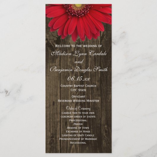 Rustic Country Red Daisy Wedding Programs Programmakaart (Voorkant)