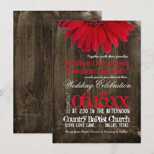 Rustic Country Red Daisy Wood Wedding Invitations Kaart (Voorkant / Achterkant)