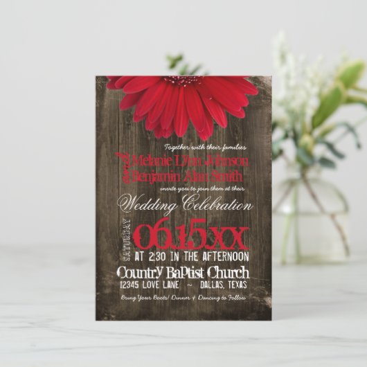 Rustic Country Red Daisy Wood Wedding Invitations Kaart (Staand voorkant)
