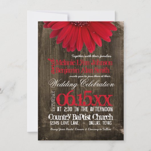 Rustic Country Red Daisy Wood Wedding Invitations Kaart (Voorkant)