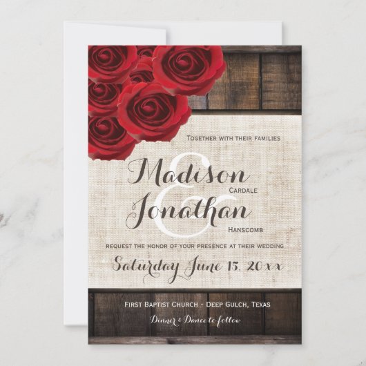 Rustic Country Red Roses Wood Wedding Invitation Kaart (Voorkant)