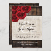 Rustic Country Red Roses Wood Wedding Invitation Kaart (Voorkant / Achterkant)