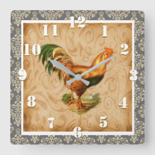 Rustic Country Rooster Elegant Damask Vierkante Klok