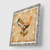 Rustic Country Rooster Elegant Damask  Vierkante Klok (Hoek)