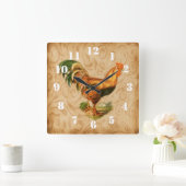 Rustic Country Rooster  Kitchen Vierkante Klok (Huis)