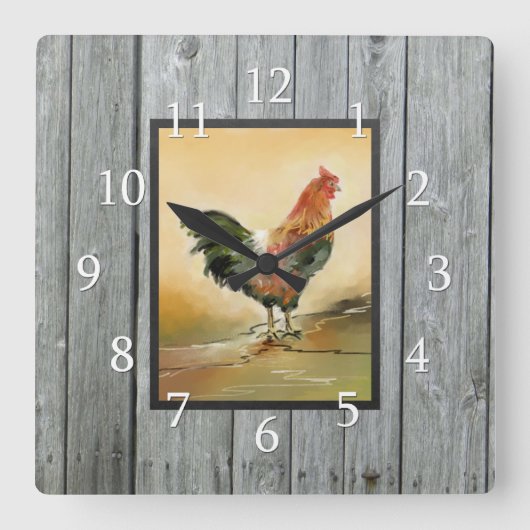 Rustic Country Rooster Wood Vierkante Klok (Voorkant)