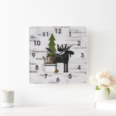 Rustic Country Silhouette Moose en Trees on Birch Vierkante Klok (Huis)