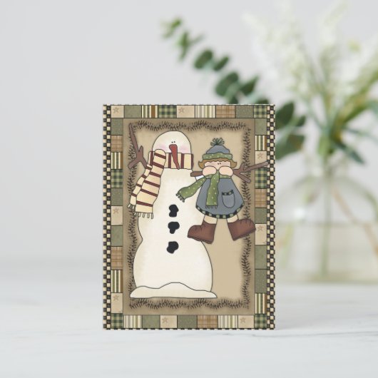 Rustic Country Snowman Holly Berries Open House Feestdagenkaart (Staand voorkant)