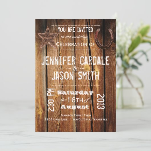 Rustic Country Star Hoefijzer Wedding Invitations Kaart (Staand voorkant)