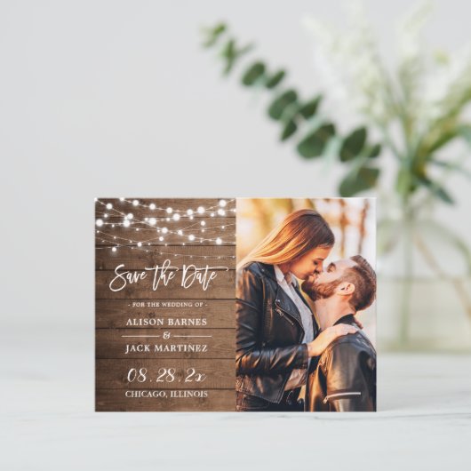 Rustic Country String Lights Foto opslaan Datum Briefkaart (Staand voorkant)