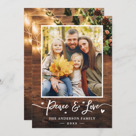 Rustic Country String Lights Foto van Peace and Lo Feestdagenkaart (Voorkant / Achterkant)