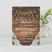 Rustic Country String Lights Wood Lace Maid Honor Kaart (Staand voorkant)