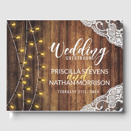 Rustic Country String Lights Wood Weddenschap Gastenboek