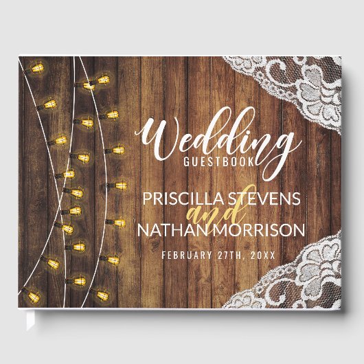 Rustic Country String Lights Wood Weddenschap Gastenboek (Voorkant)