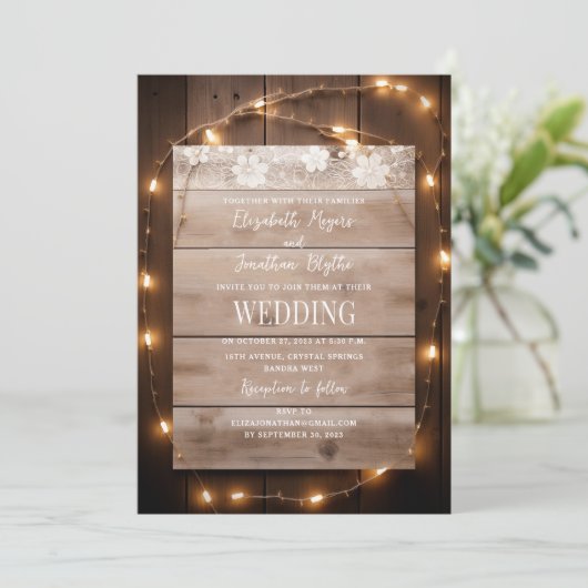 Rustic Country String Lights Wood Weddenschap Kaart (Staand voorkant)