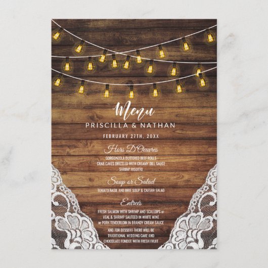Rustic Country String Lights Wood Weddenschap Menu (Voorkant)