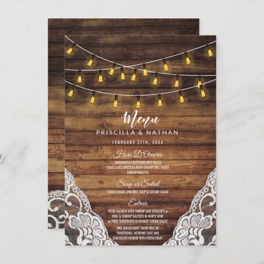Rustic Country String Lights Wood Weddenschap Menu (Voorkant / Achterkant)