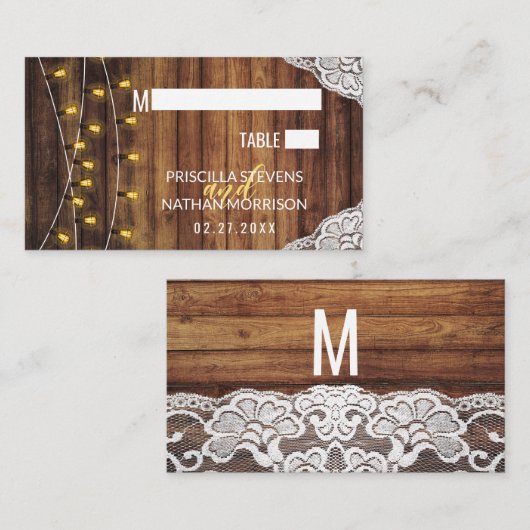 Rustic Country String Lights Wood Weddenschap Plaatskaartje (Voorkant / Achterkant)