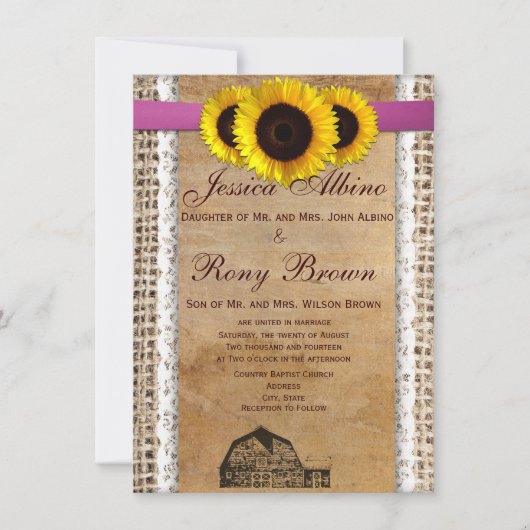 Rustic Country Sun Flower Lace Wedding Invitations Kaart (Voorkant)