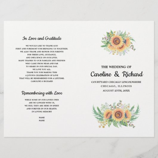 Rustic Country Sunflower Folded Wedding Programs (Voorkant)