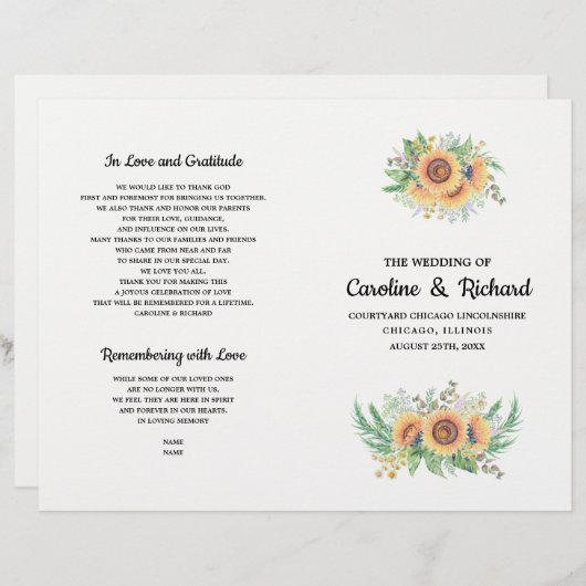 Rustic Country Sunflower Folded Wedding Programs (Voorkant / Achterkant)