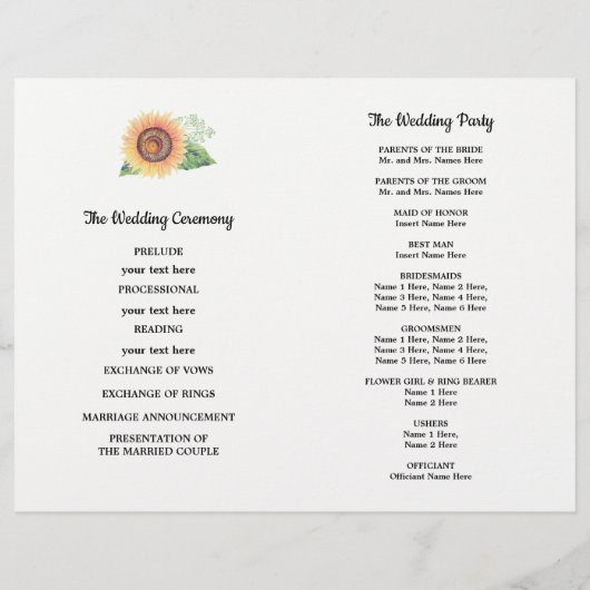 Rustic Country Sunflower Folded Wedding Programs (Achterkant)