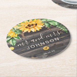 Rustic Country Sunflower Mr en Mrs Wedding Ronde Kartonnen Onderzetter