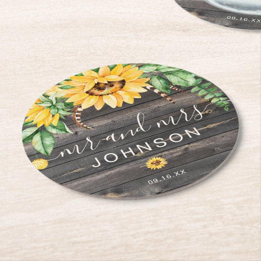 Rustic Country Sunflower Mr en Mrs Wedding Ronde Kartonnen Onderzetter (Gebogen)