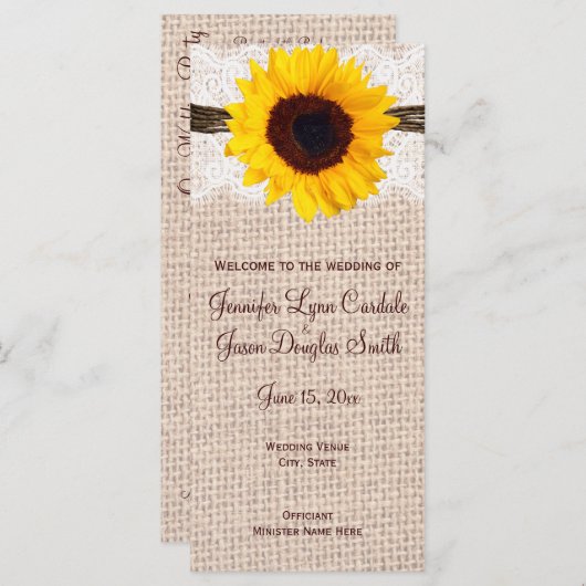 Rustic Country Sunflower Vertical Wedding Programs Programmakaart (Voorkant / Achterkant)