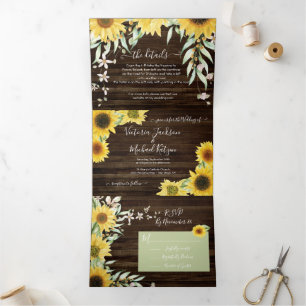Rustic Country Sunflower Wedding Drieluik Uitnodiging