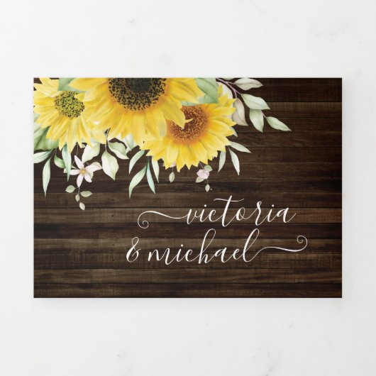 Rustic Country Sunflower Wedding Drieluik Uitnodiging (Cover)