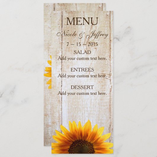 Rustic Country Sunflower Wedding Menu (Voorkant / Achterkant)