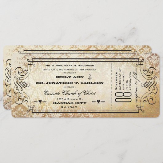 Rustic Country Ticket Typography Wedding Invites Kaart (Voorkant / Achterkant)