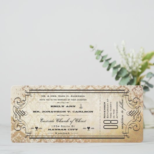 Rustic Country Ticket Typography Wedding Invites Kaart (Staand voorkant)