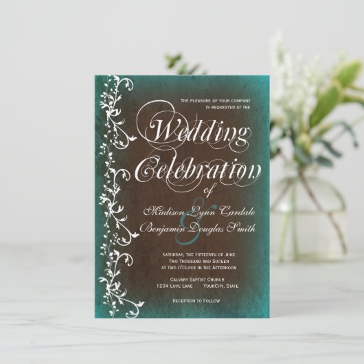 Rustic Country Turquoise Brown Wedding Invitations Kaart (Staand voorkant)