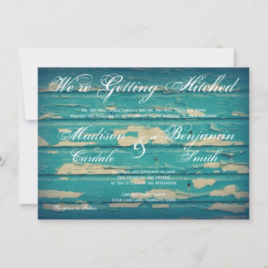 Rustic Country Turquoise Wood Wedding Invitation Kaart (Voorkant)