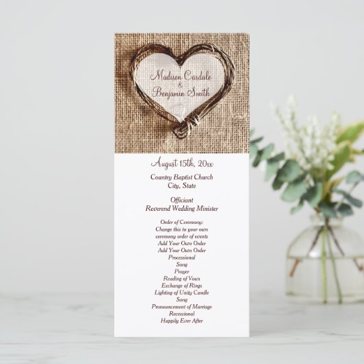 Rustic Country Twine Heart Wedding Programs Programmakaart (Staand voorkant)
