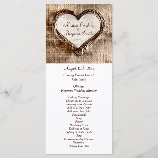 Rustic Country Twine Heart Wedding Programs Programmakaart (Voorkant)